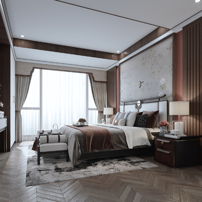 新中式3d卧室模型-3dmax模型免费下载-欧模网