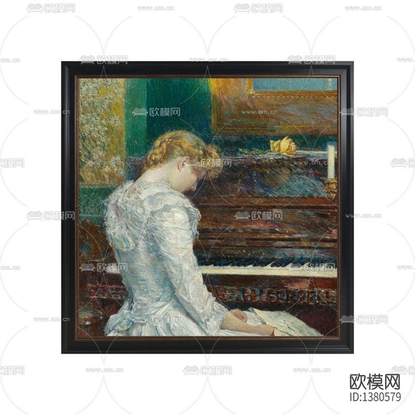 欧式古典实木画框弹琴少女油画下载