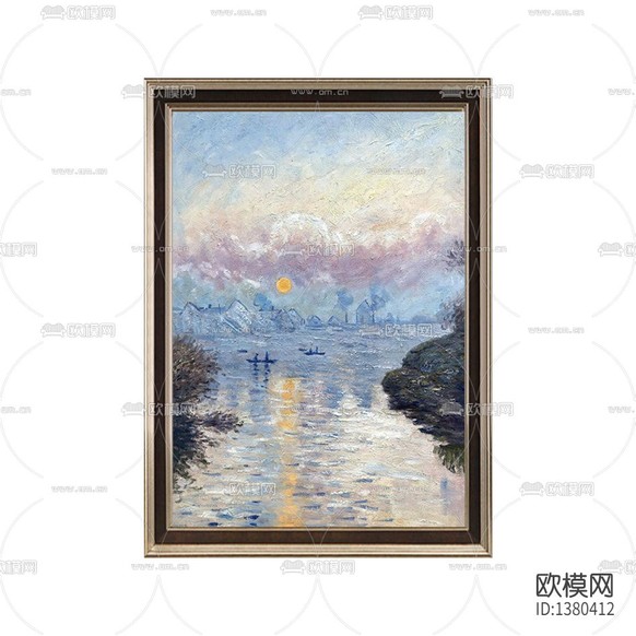 歐式古典 塞納河上的日落油畫下載