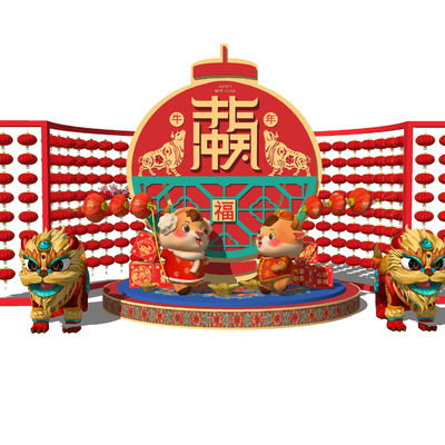  新中式春节新年美陈su模型 