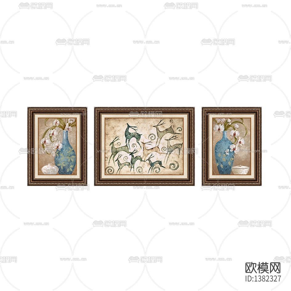 美式复古实木画框抽象三联油画