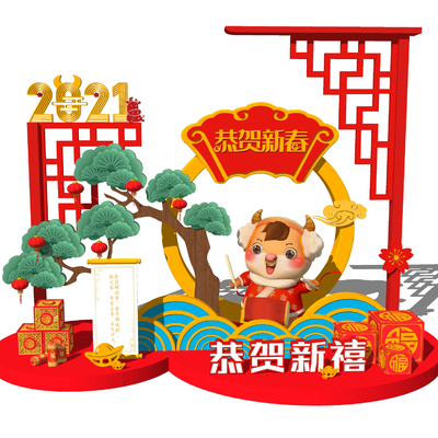  新中式春节新年美陈su模型 