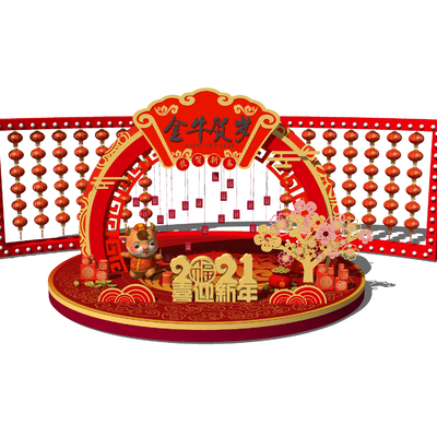  新中式春节新年美陈su模型 