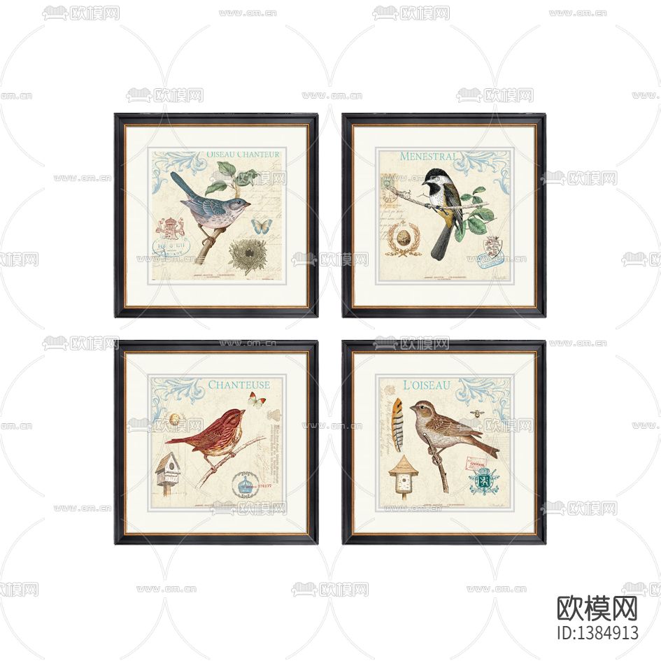 美式简约创意色彩手绘花鸟装饰画下载