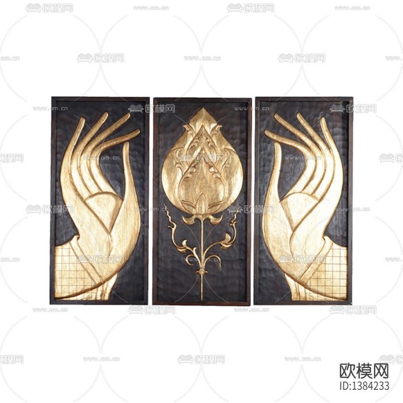 东南亚实木佛手莲花浮雕三联装置画下载