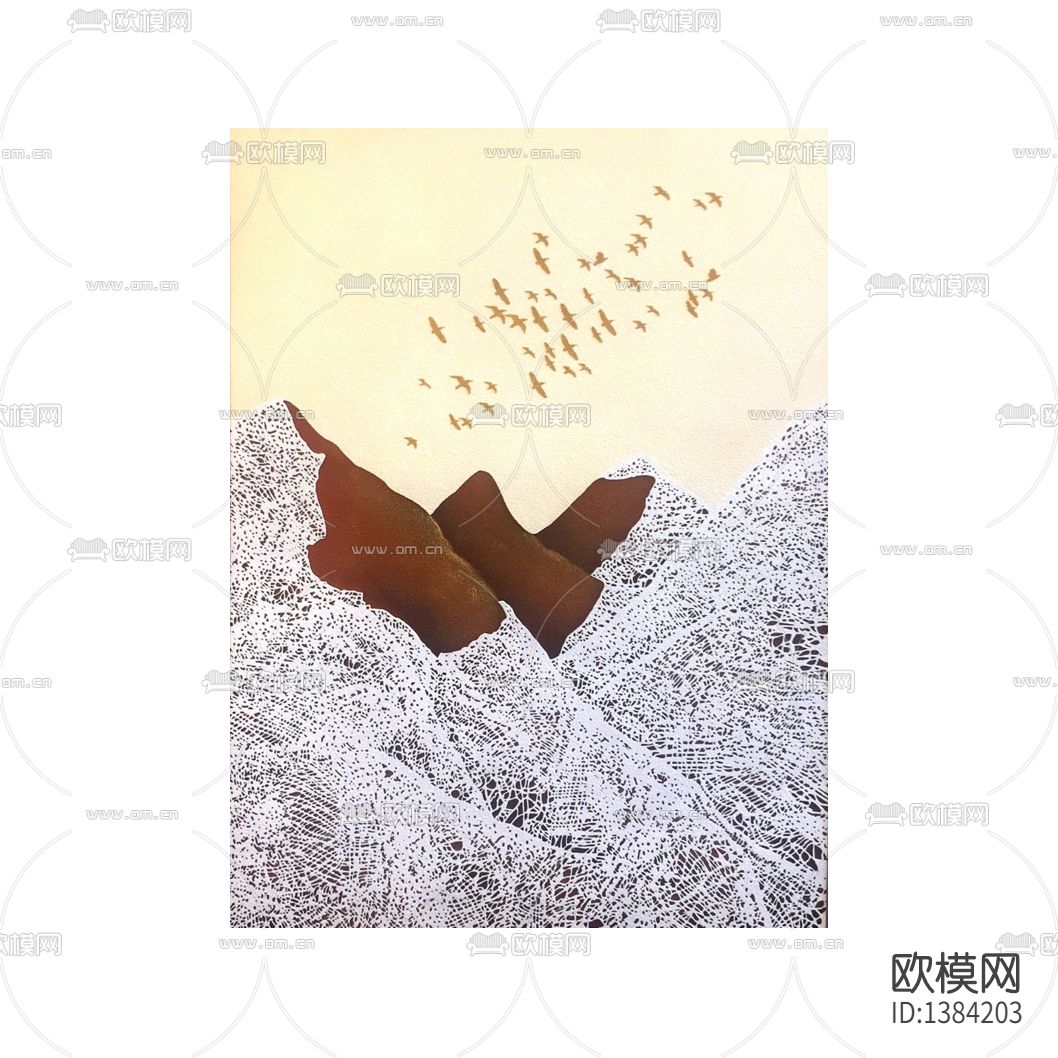 新中式轻奢创意山石飞鸟装置画