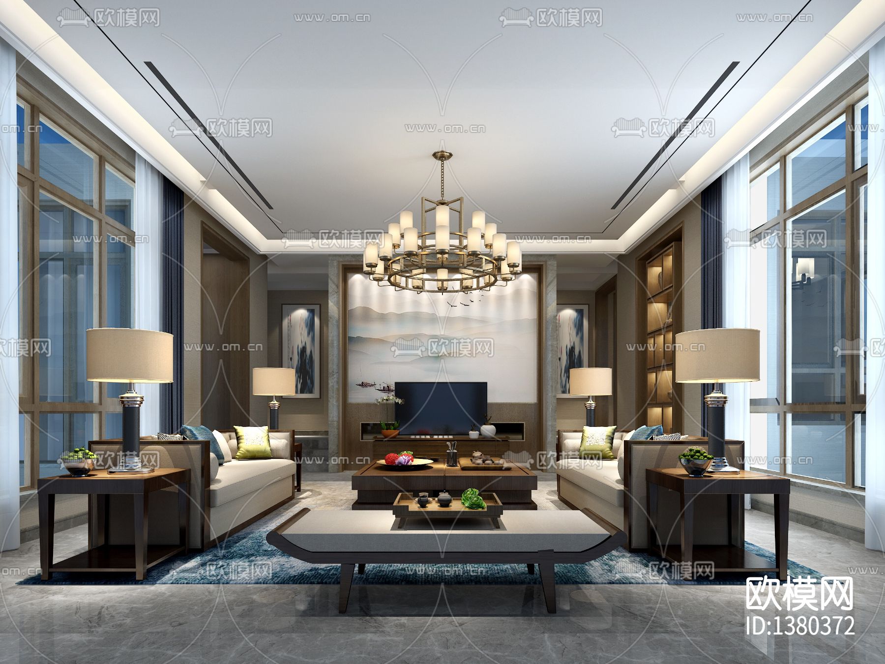 600㎡新中式别墅cad施工图下载（渲染图8）