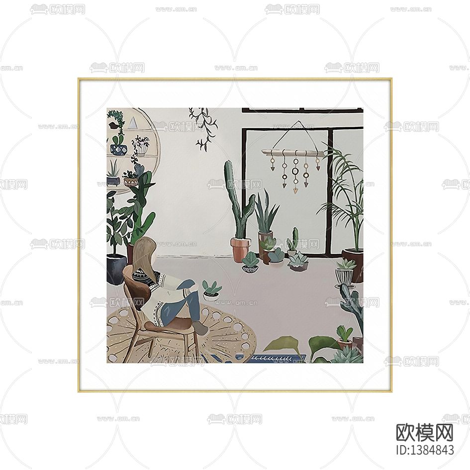 现代简约创意小清新少女手绘装饰画下载