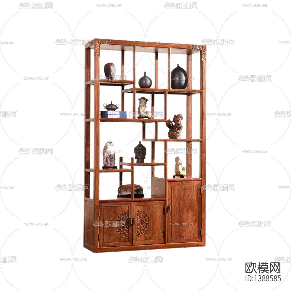 中式复古实木雕花博古架下载