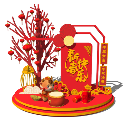  新中式牛年春节新年美陈su模型 