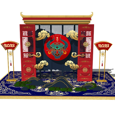  新中式牛年春节新年美陈su模型 