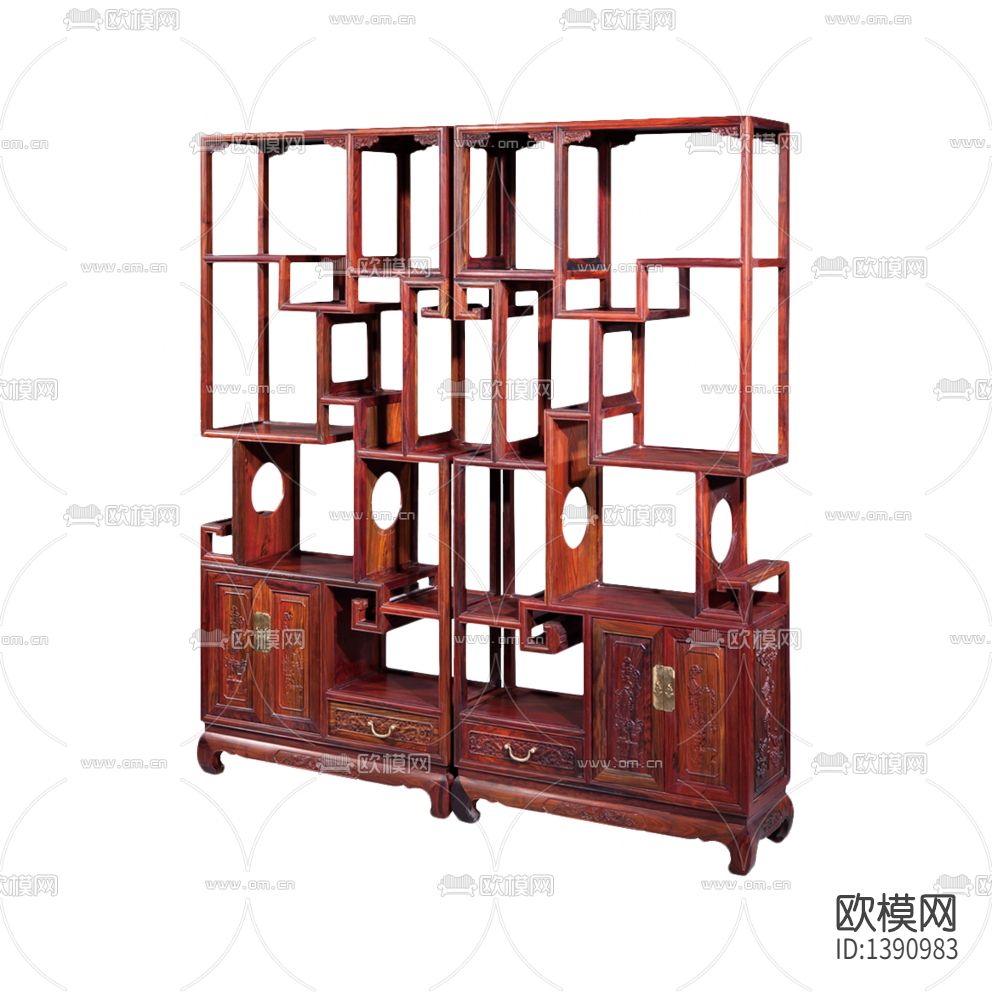 中式古典红木雕花博古架下载