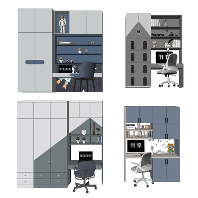  现代儿童书柜书桌椅su模型 