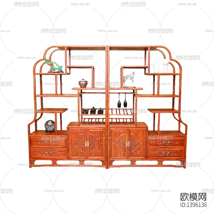 中式古典红木雕花博古架