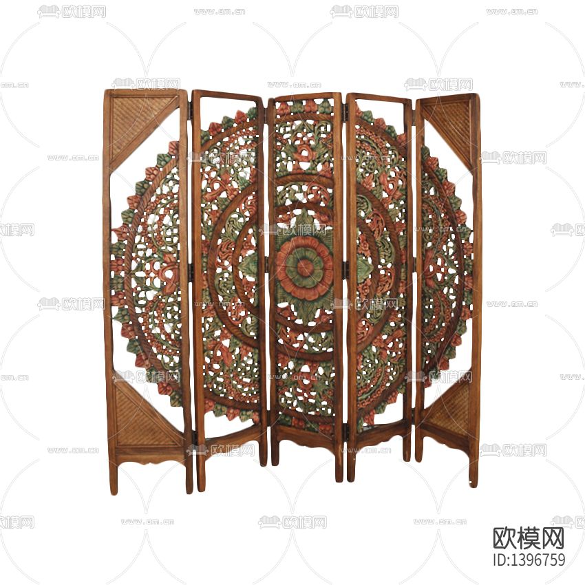 东南亚复古实木彩绘雕花折叠屏风