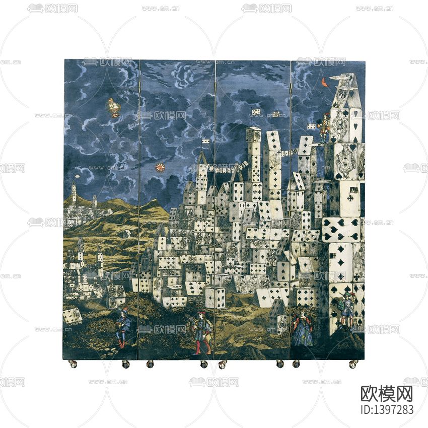 简欧创意扑克牌城堡彩绘实木折叠屏风下载