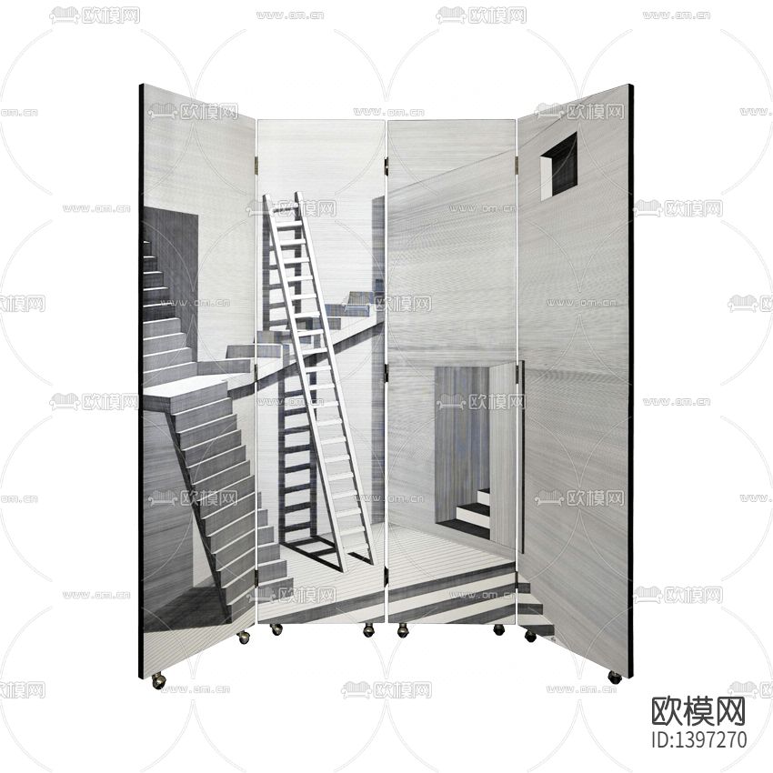 现代简约创意建筑彩绘实木折叠屏风下载