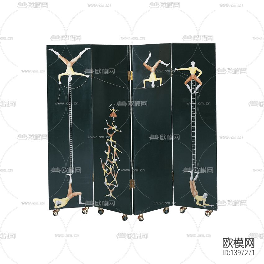 现代轻奢杂技团彩绘实木折叠屏风下载