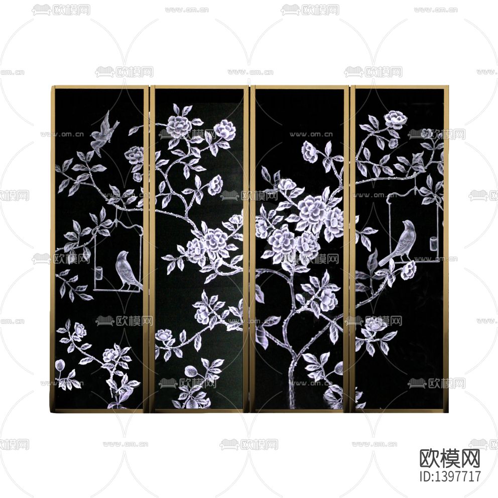 新中式轻奢不锈钢实木手绘印花折叠屏风下载