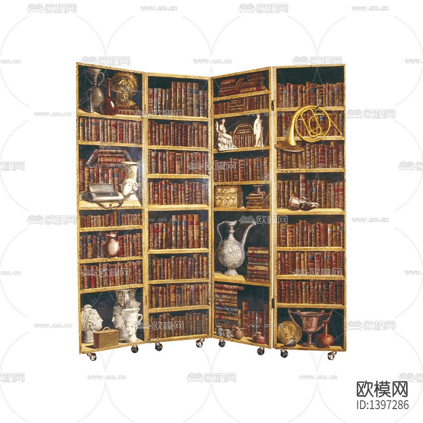 欧式古典书柜彩绘印花实木折叠屏风下载