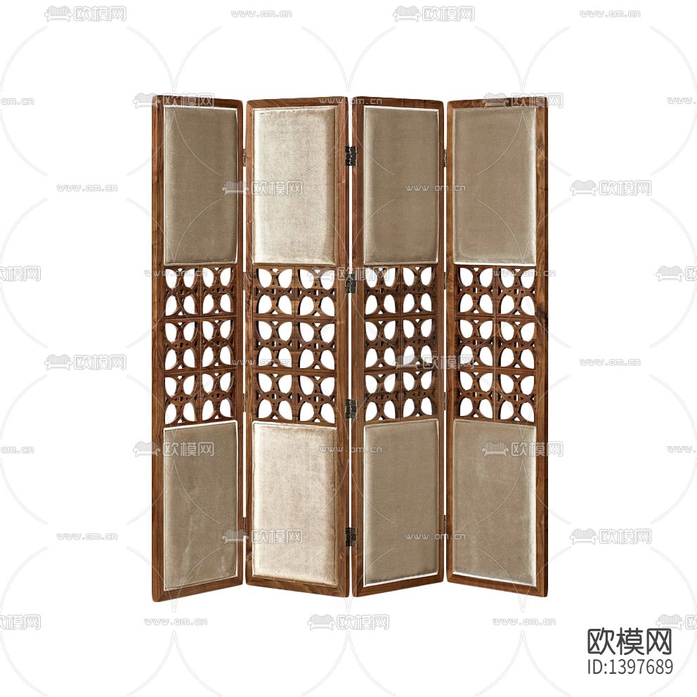 新中式创意实木雕花绒布软包折叠屏风下载