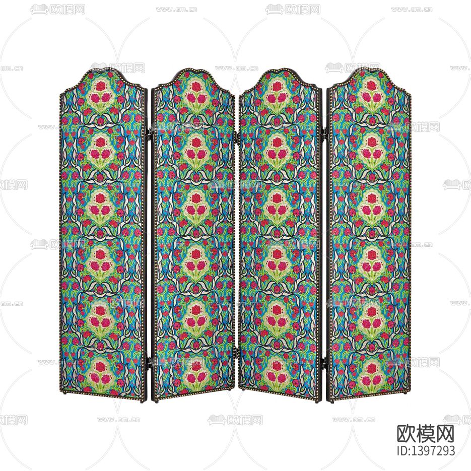 简欧创意不锈钢布艺花卉图案折叠屏风下载