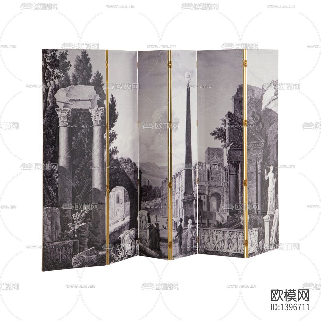 北欧轻奢古建筑印花不锈钢折叠屏风下载