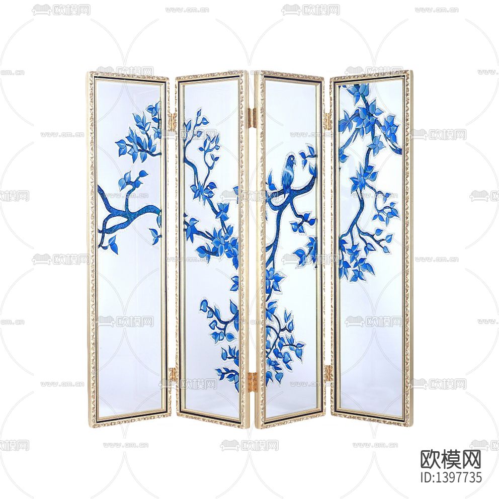 简欧创意实木雕花玻璃彩绘折叠屏风下载