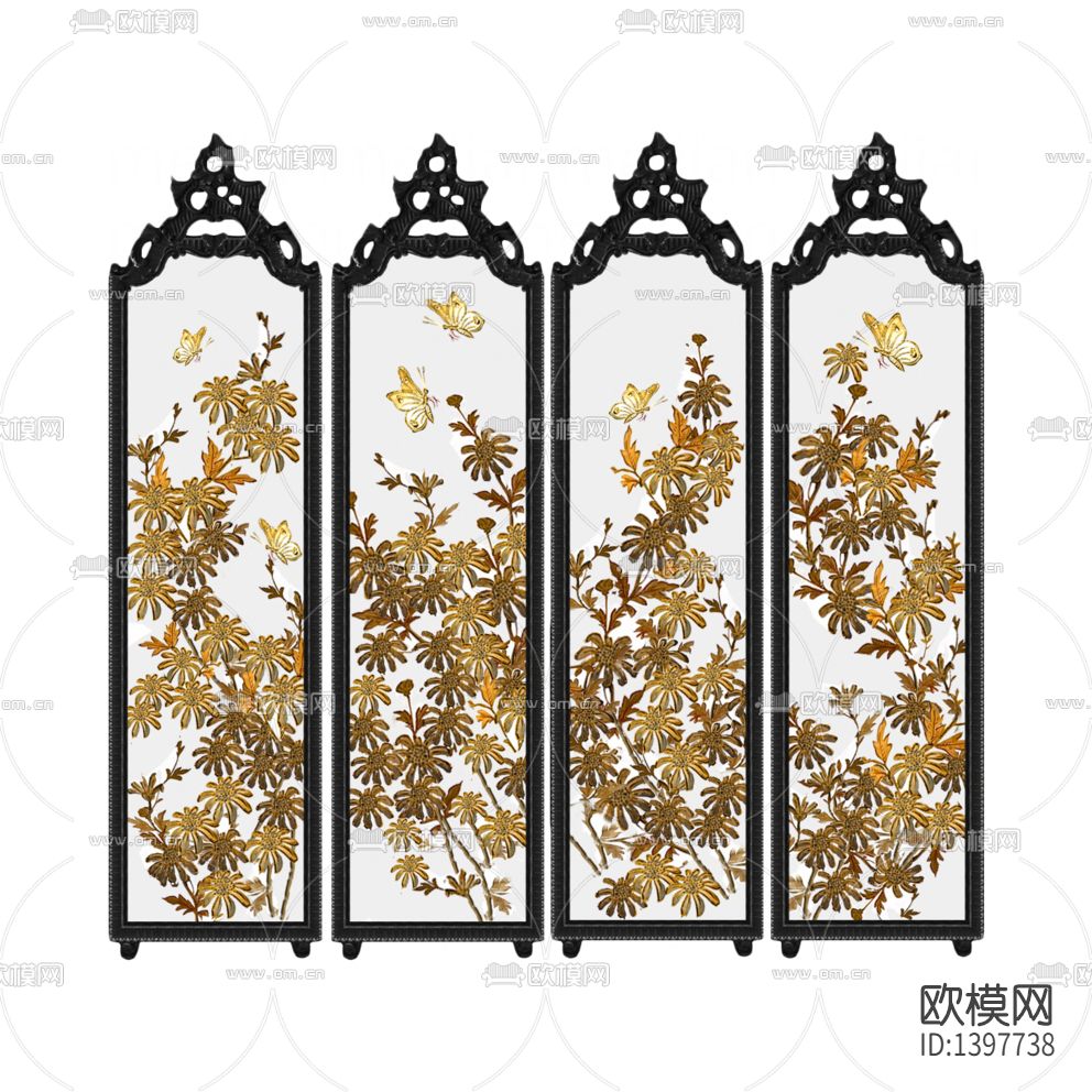 欧式古典实木雕花彩绘玻璃隔断屏风下载