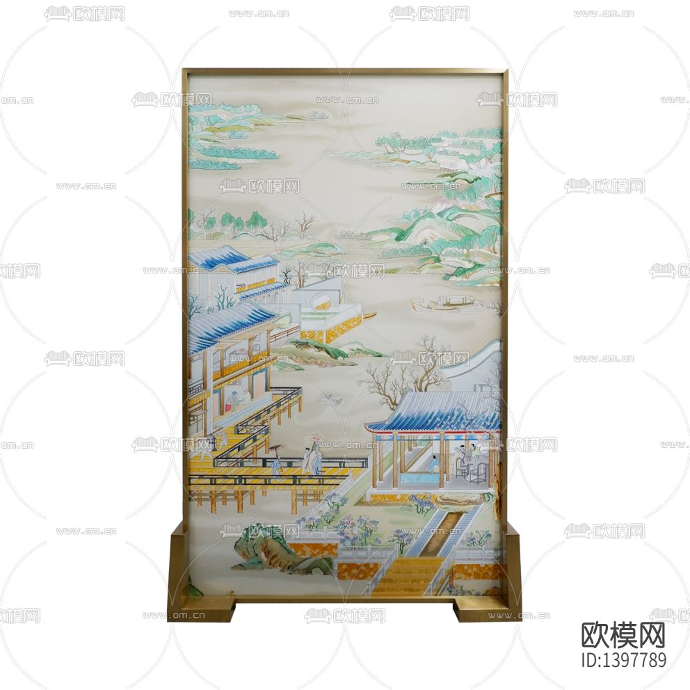 新中式轻奢不锈钢彩绘玻璃隔断屏风下载
