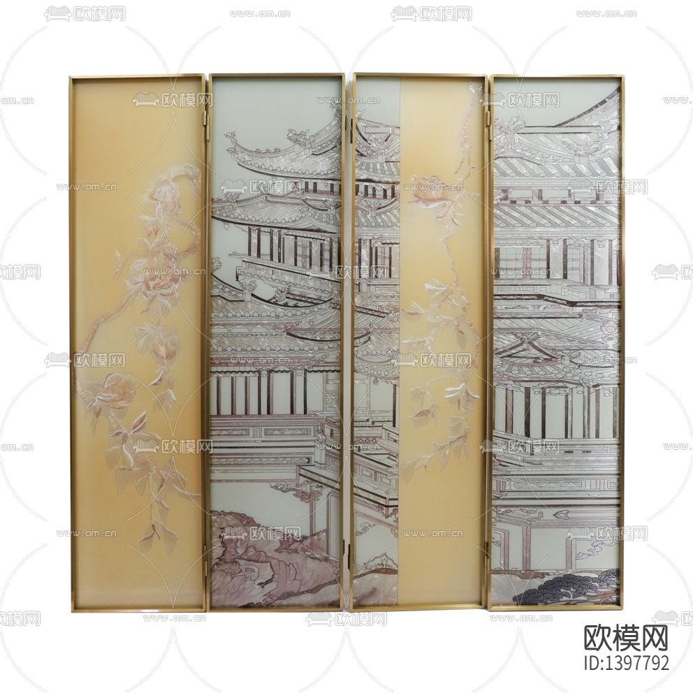 现代轻奢不锈钢彩绘玻璃折叠屏风下载