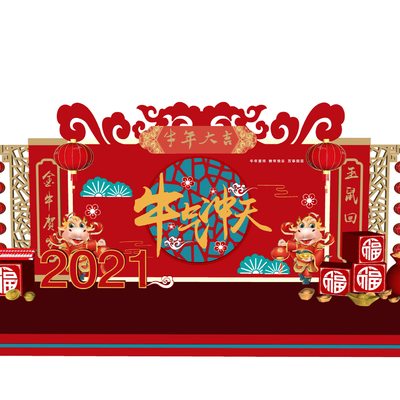  新中式牛年新年美陈su模型 