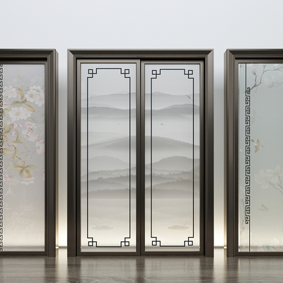 新中式夹丝玻璃推拉门3d模型