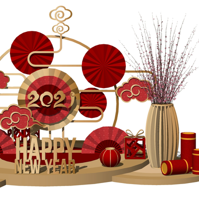  新中式美陈舞台祥云灯笼su模型 