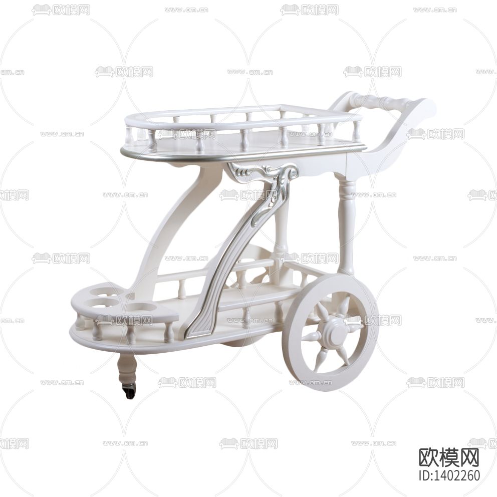 简欧白色实木雕花银边手推餐车