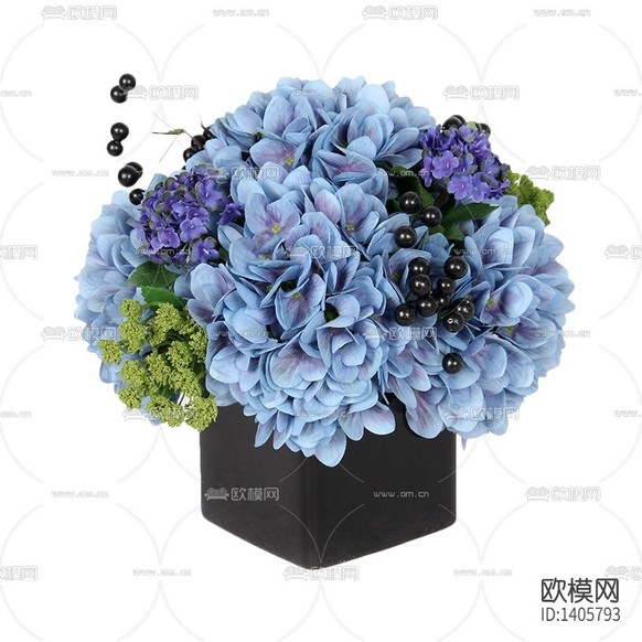 简欧黑色花瓶蓝色绣球花摆放花艺下载