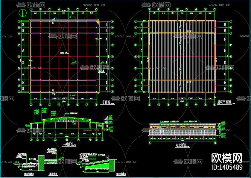 三跨门式刚架轻钢结构厂房cad施工图下载（渲染图3）