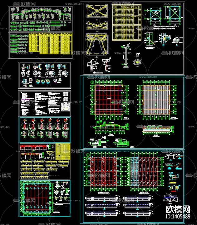 三跨门式刚架轻钢结构厂房cad施工图下载（渲染图2）