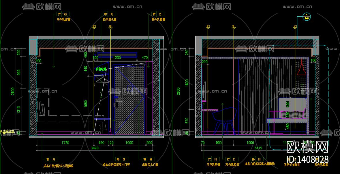 酒店客房cad施工图下载（渲染图3）
