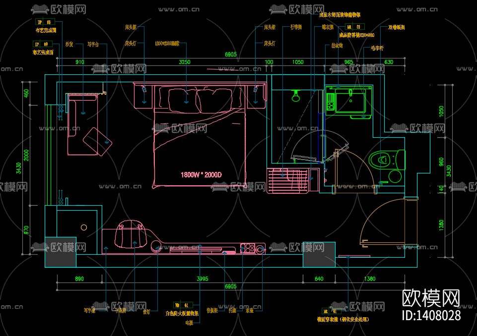 酒店客房cad施工图下载（渲染图5）