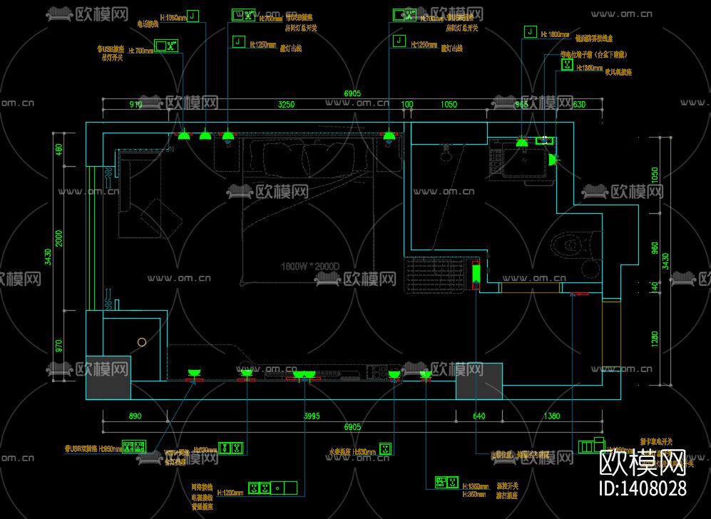 酒店客房cad施工图下载（渲染图2）