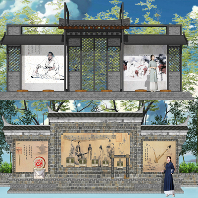 新中式历史文化景墙su模型