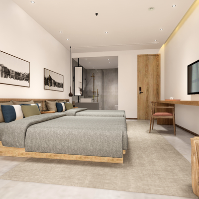  新中式民宿客房su模型 