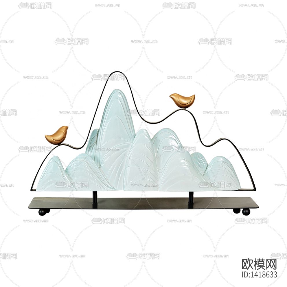 新中式禅意玉石铁艺假山小鸟装饰摆件下载