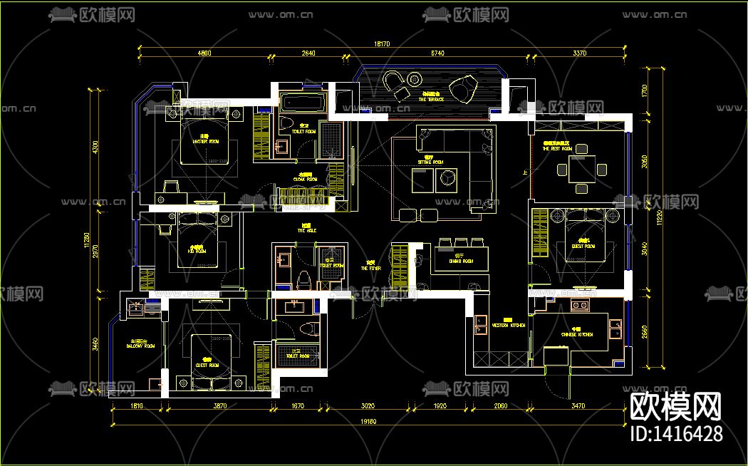 龙湖春江彼岸样板房cad施工图下载（渲染图1）
