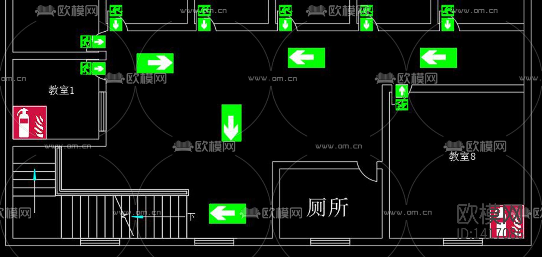 逃生通道及消防设cad施工图下载（渲染图9）