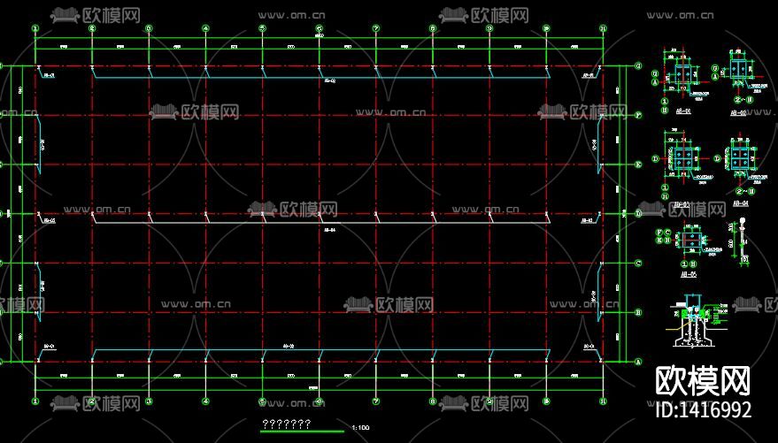 门式钢架厂房cad施工图下载（渲染图2）