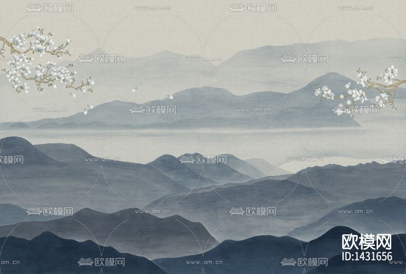 新中式禅意彩色山水画背景墙下载