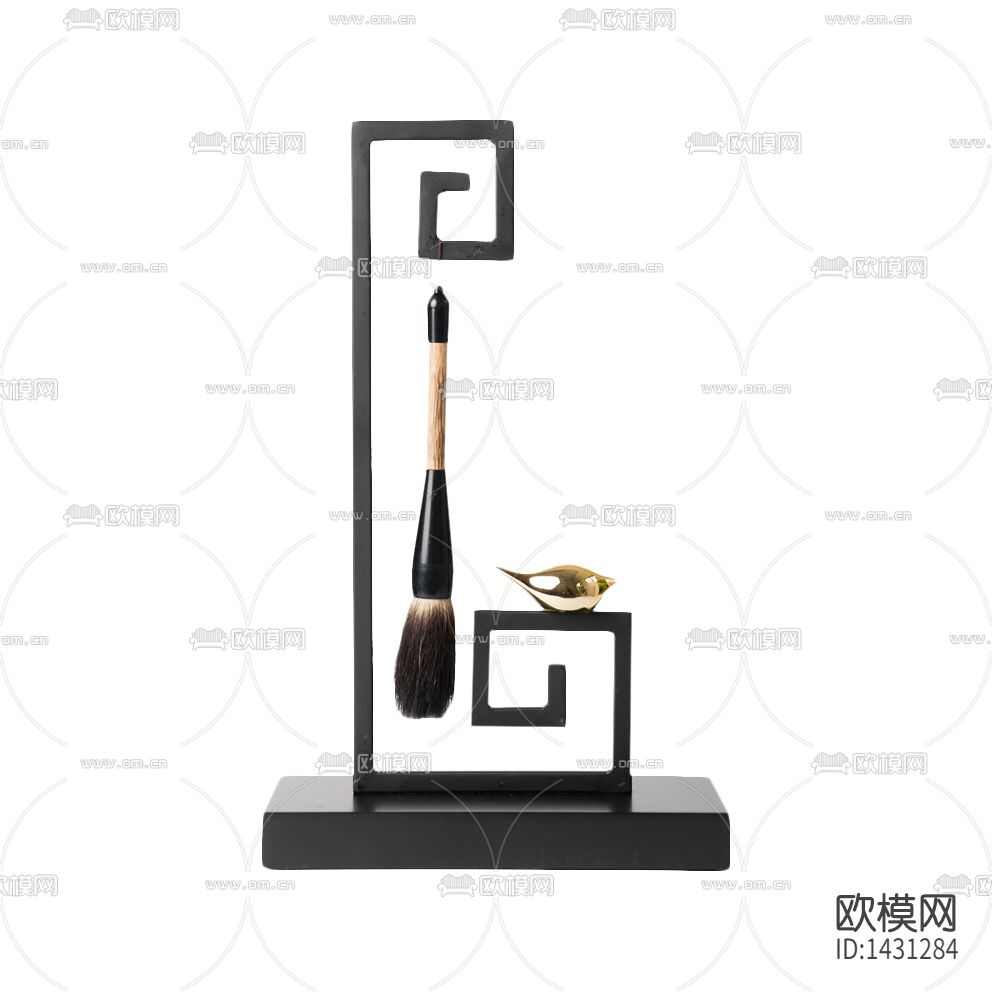 新中式禅意实木金属小鸟毛笔架