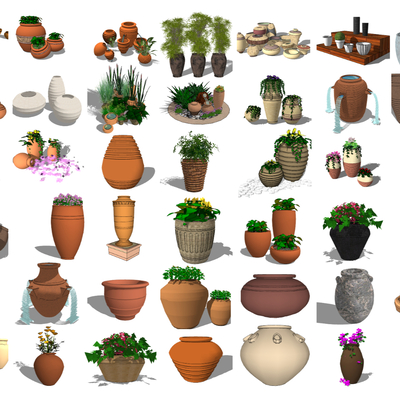  现代陶罐花盆su模型 